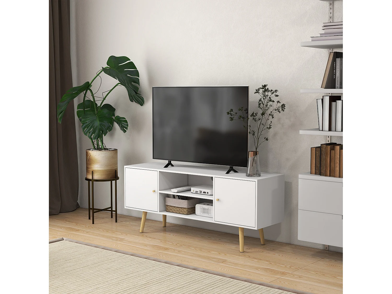 Vido 120cm White TV Cabinet with Open Shelves and Wooden Legs Fits up to 55 inch TVs