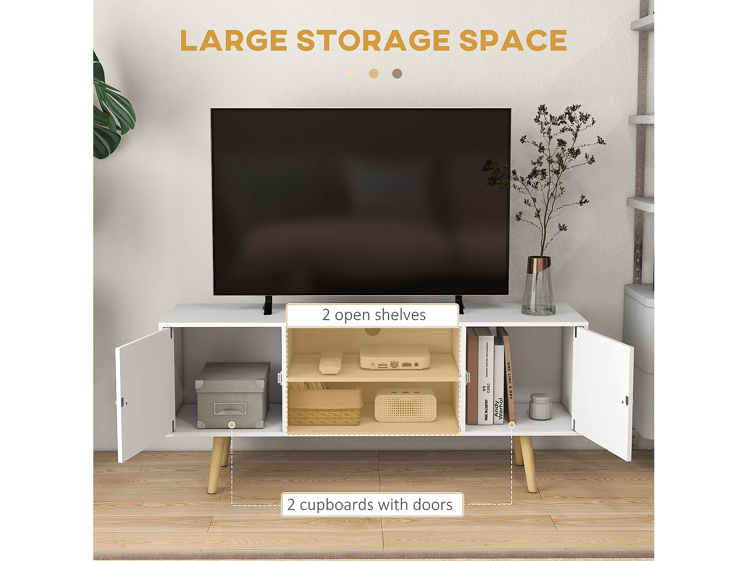 Vido 120cm White TV Cabinet with Open Shelves and Wooden Legs Fits up to 55 inch TVs