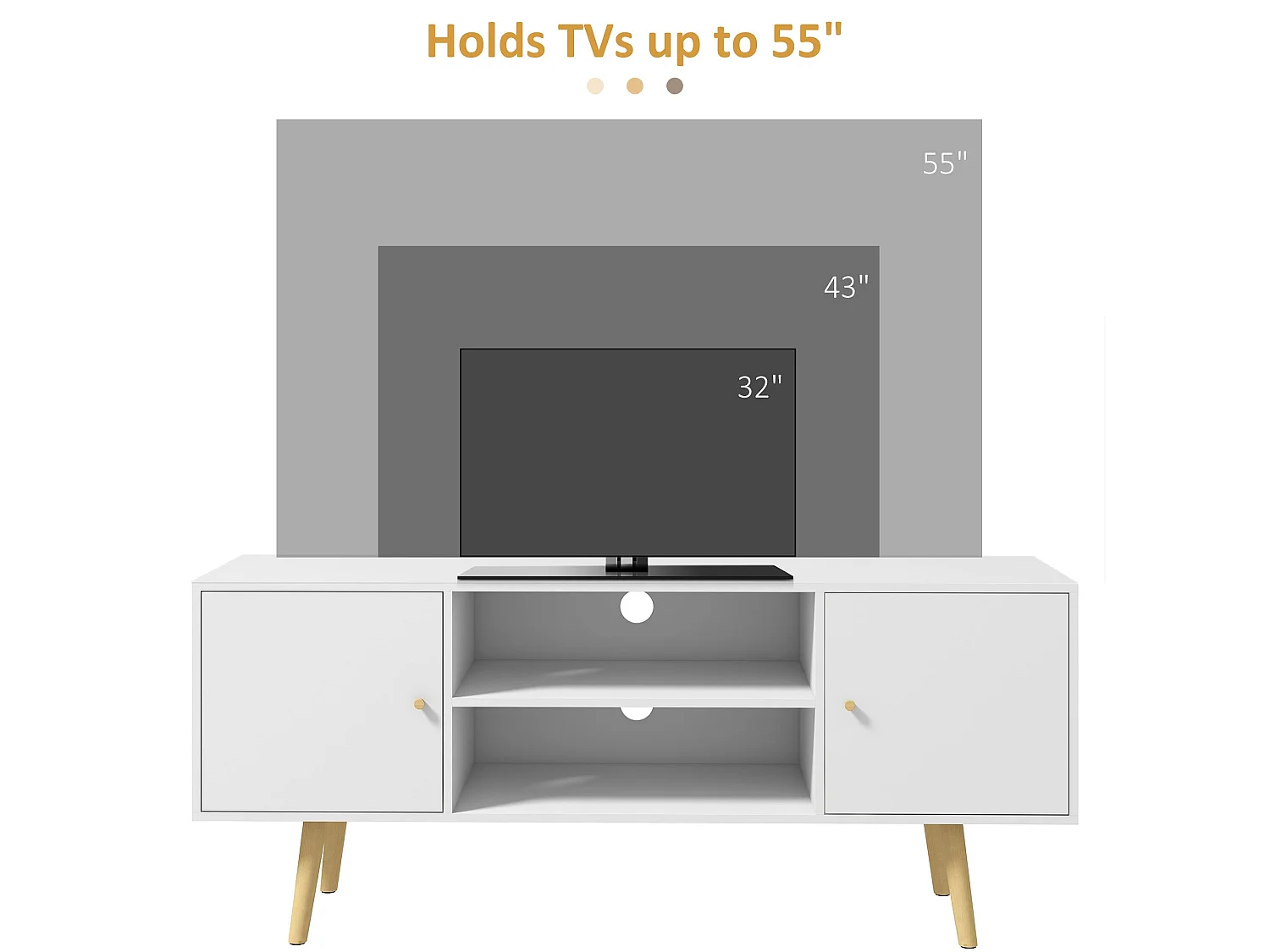Vido 120cm White TV Cabinet with Open Shelves and Wooden Legs Fits up to 55 inch TVs