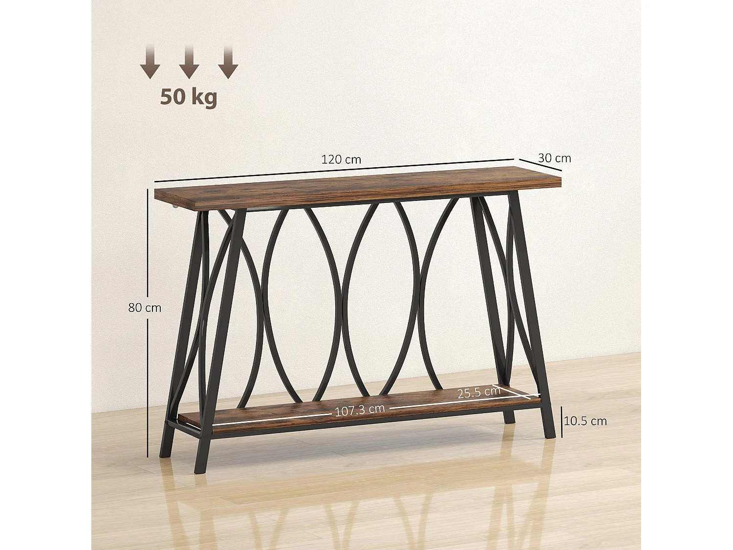Raneve Rustic Brown 2 Tier Industrial Console Table 120 x 30 x 80cm