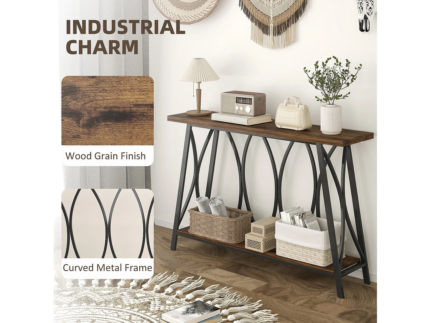 Raneve Rustic Brown 2 Tier Industrial Console Table 120 x 30 x 80cm