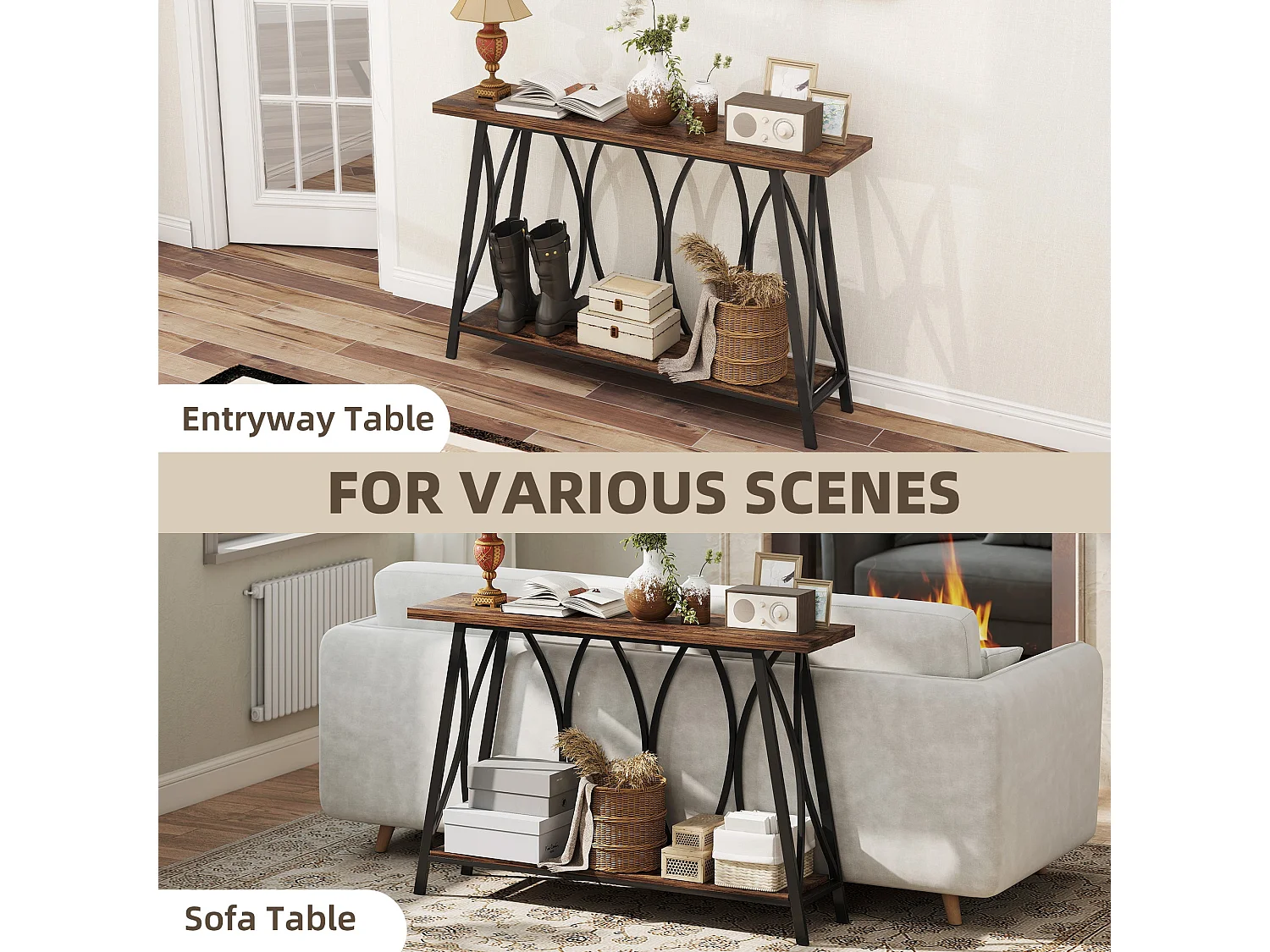 Raneve Rustic Brown 2 Tier Industrial Console Table 120 x 30 x 80cm