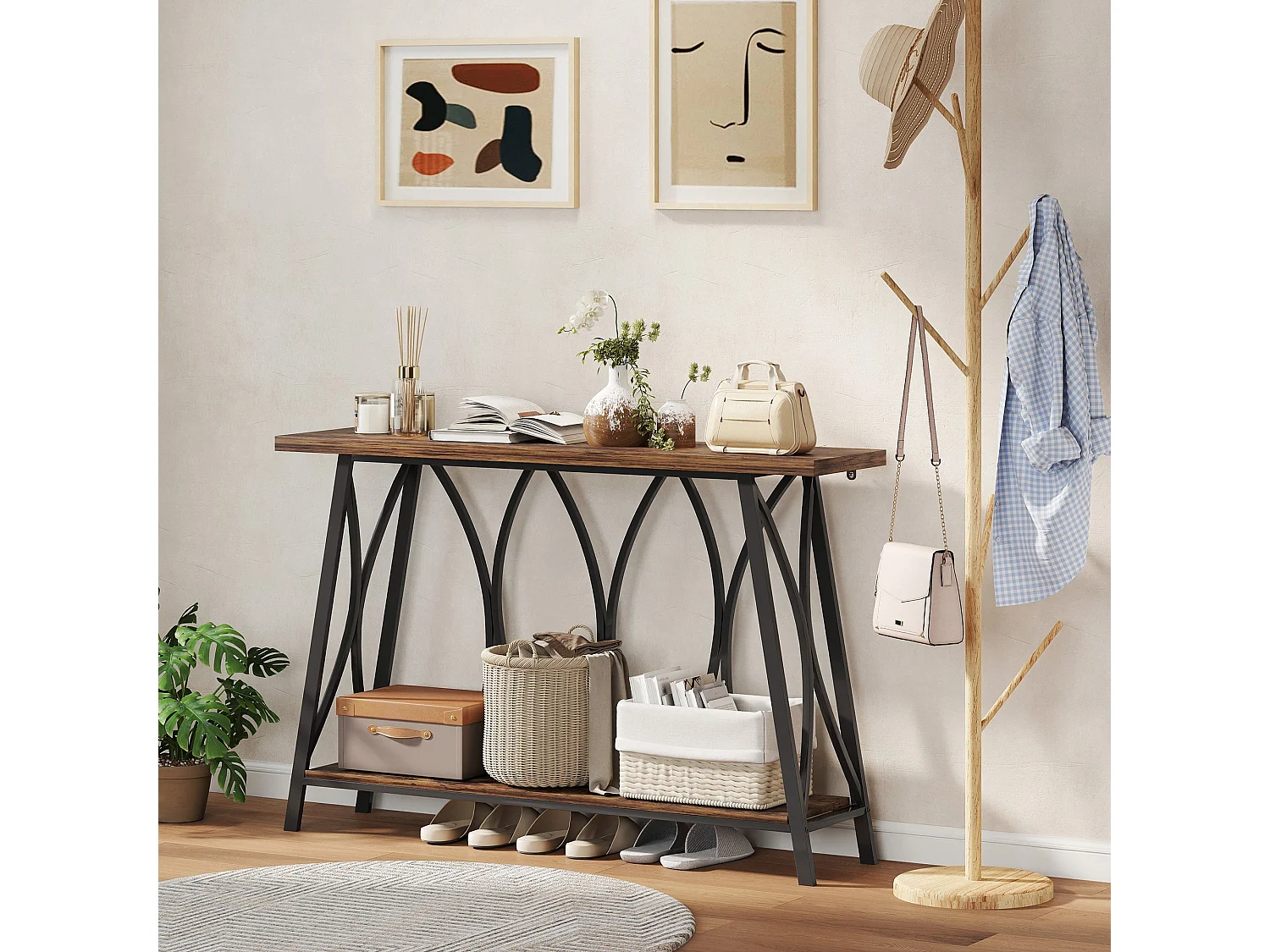 Raneve Rustic Brown 2 Tier Industrial Console Table 120 x 30 x 80cm