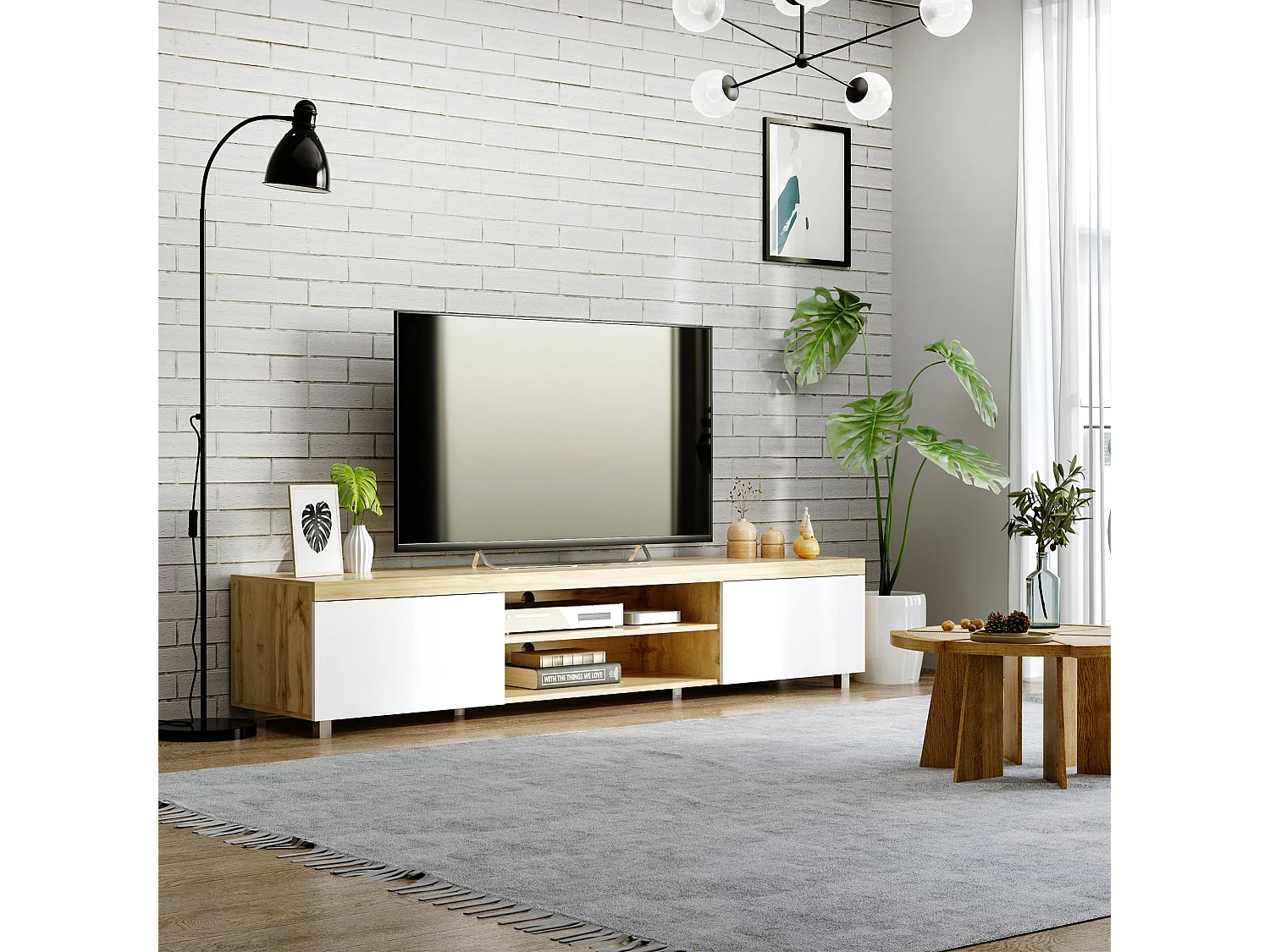 Kepaso Lima Modern TV Unit for TVs up to 90 inches Oak MDF with Storage Shelves and Cable Management