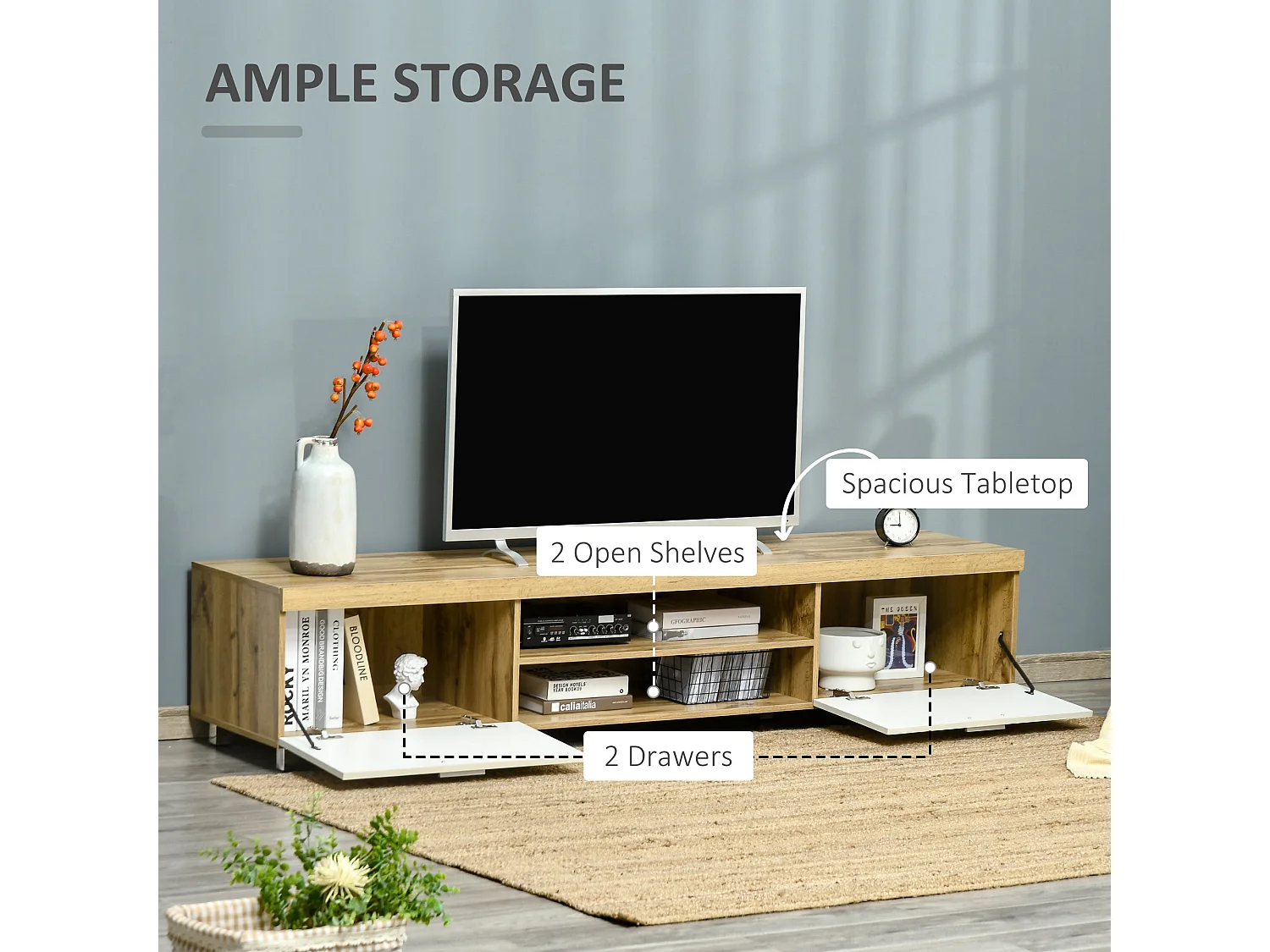 Kepaso Lima Modern TV Unit for TVs up to 90 inches Oak MDF with Storage Shelves and Cable Management