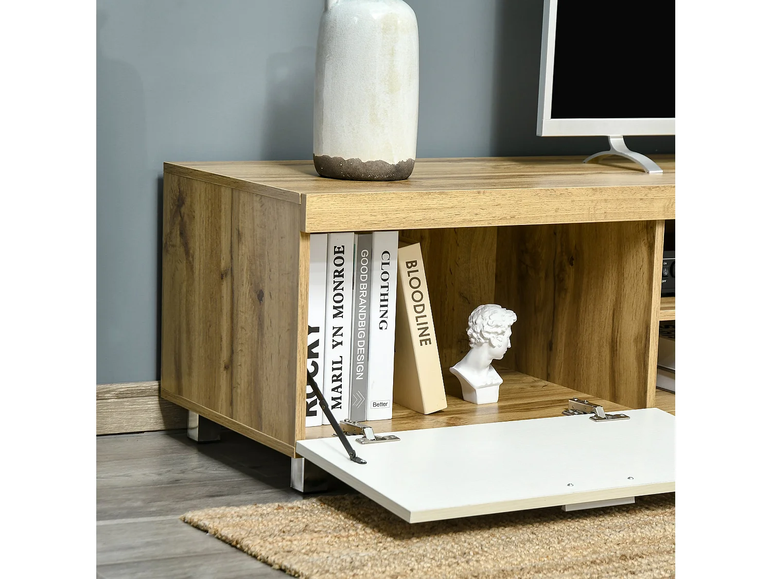 Kepaso Lima Modern TV Unit for TVs up to 90 inches Oak MDF with Storage Shelves and Cable Management