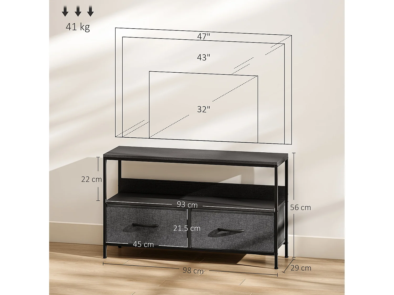 Avatera 98cm Black and Charcoal TV Storage Unit with 2 Foldable Fabric Drawers
