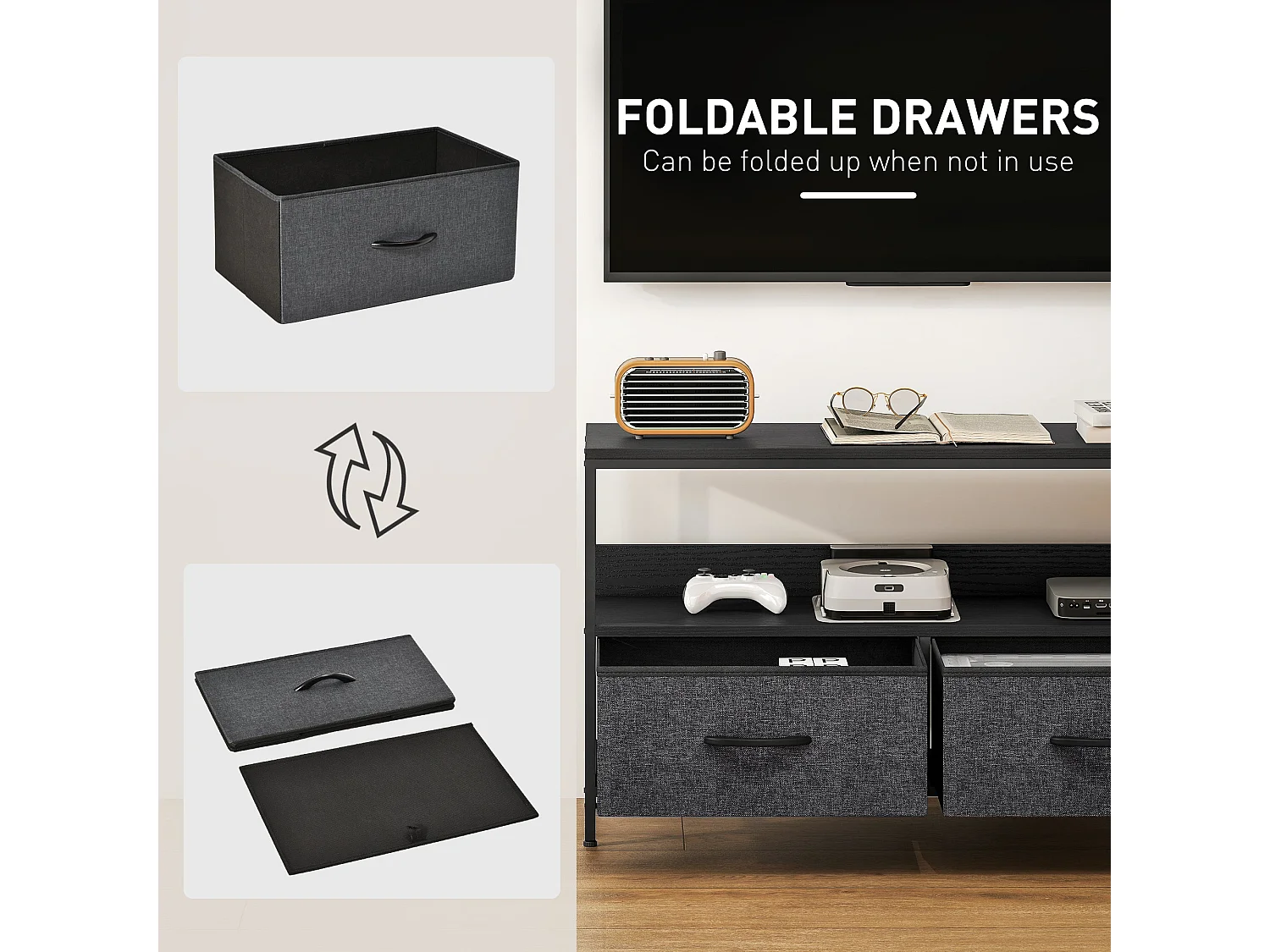 Avatera 98cm Black and Charcoal TV Storage Unit with 2 Foldable Fabric Drawers