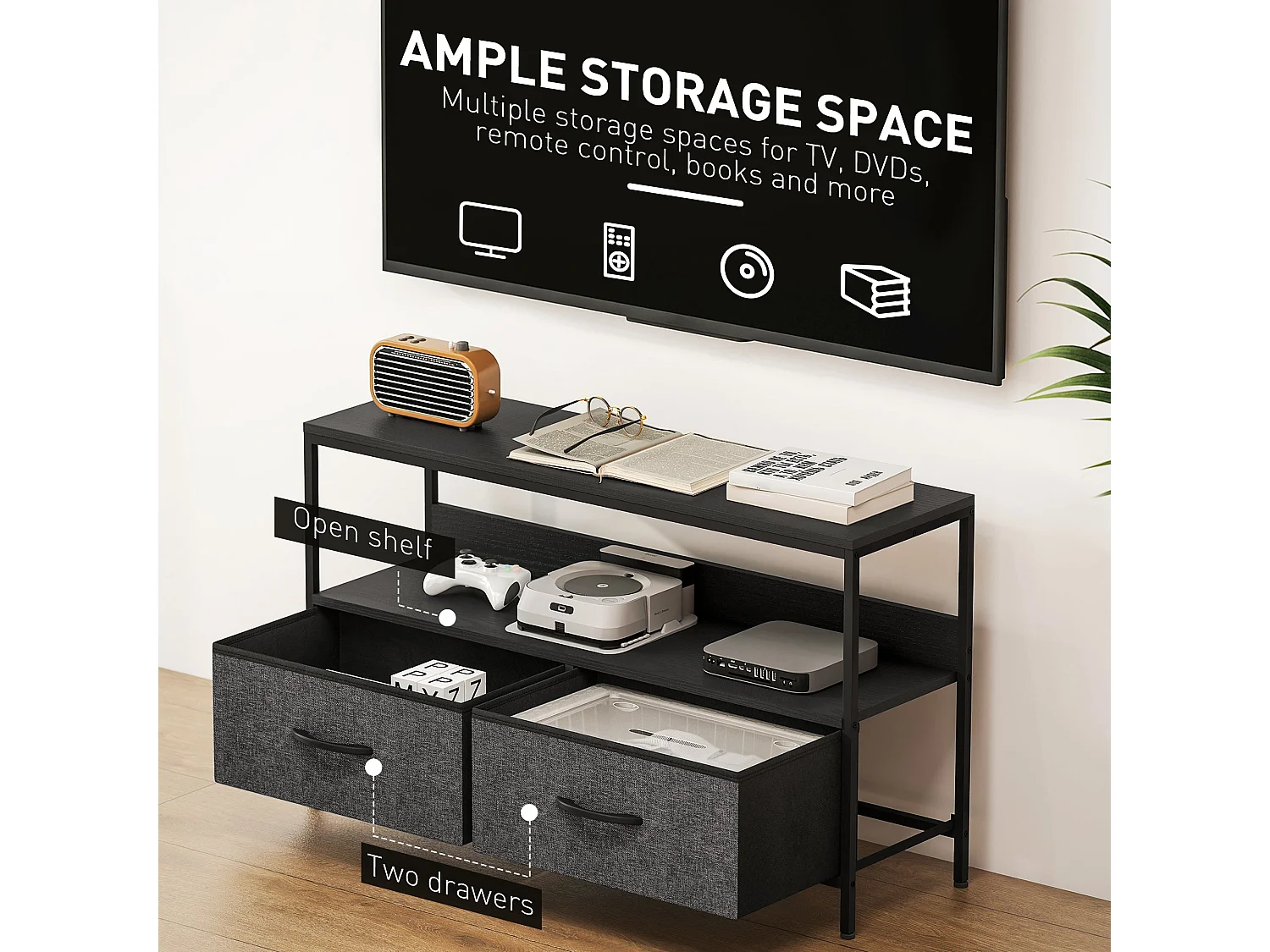 Avatera 98cm Black and Charcoal TV Storage Unit with 2 Foldable Fabric Drawers