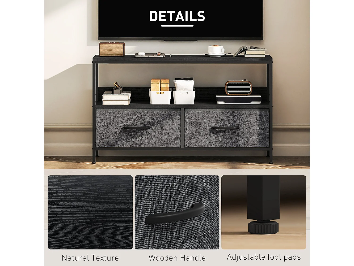 Avatera 98cm Black and Charcoal TV Storage Unit with 2 Foldable Fabric Drawers