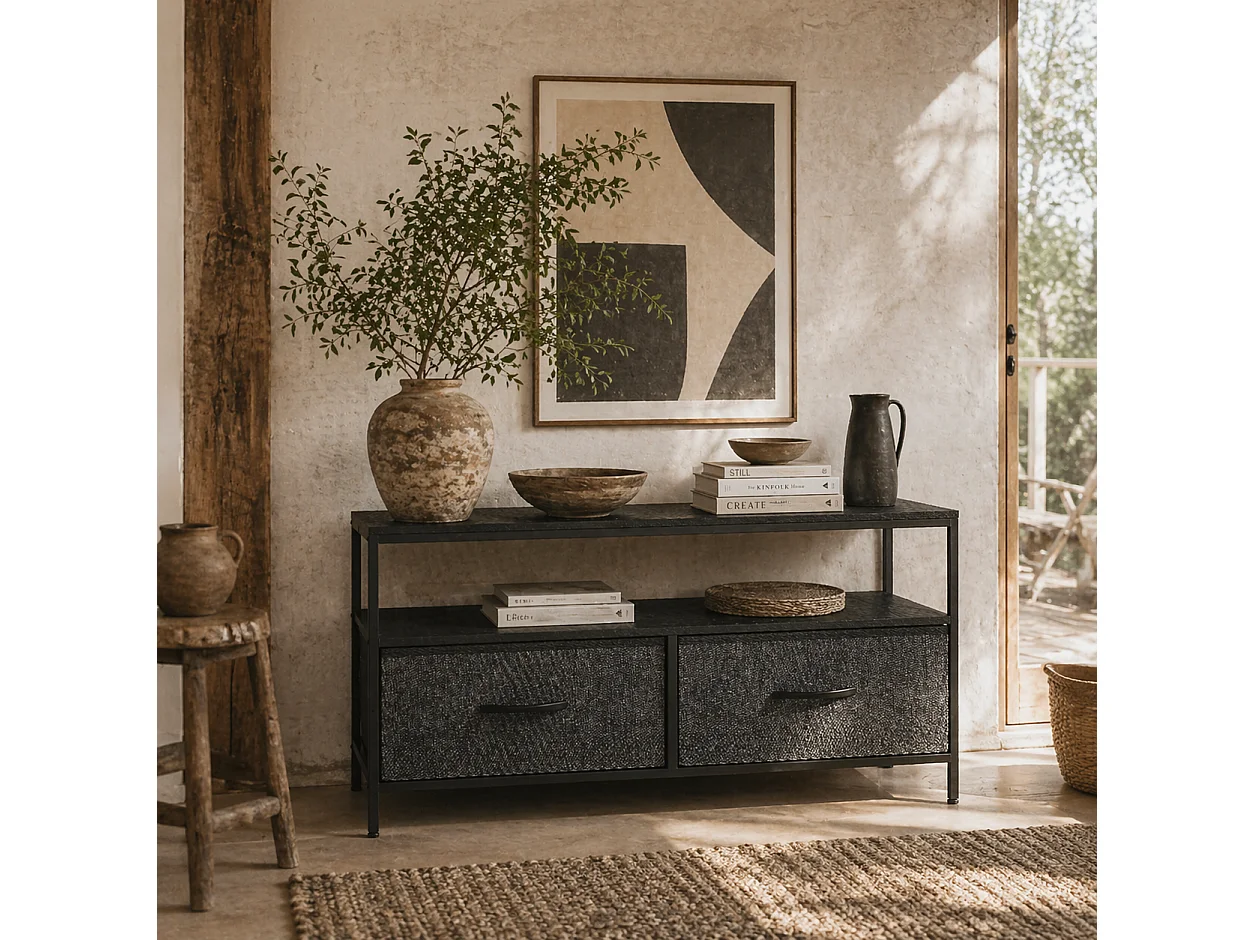 Avatera 98cm Black and Charcoal TV Storage Unit with 2 Foldable Fabric Drawers