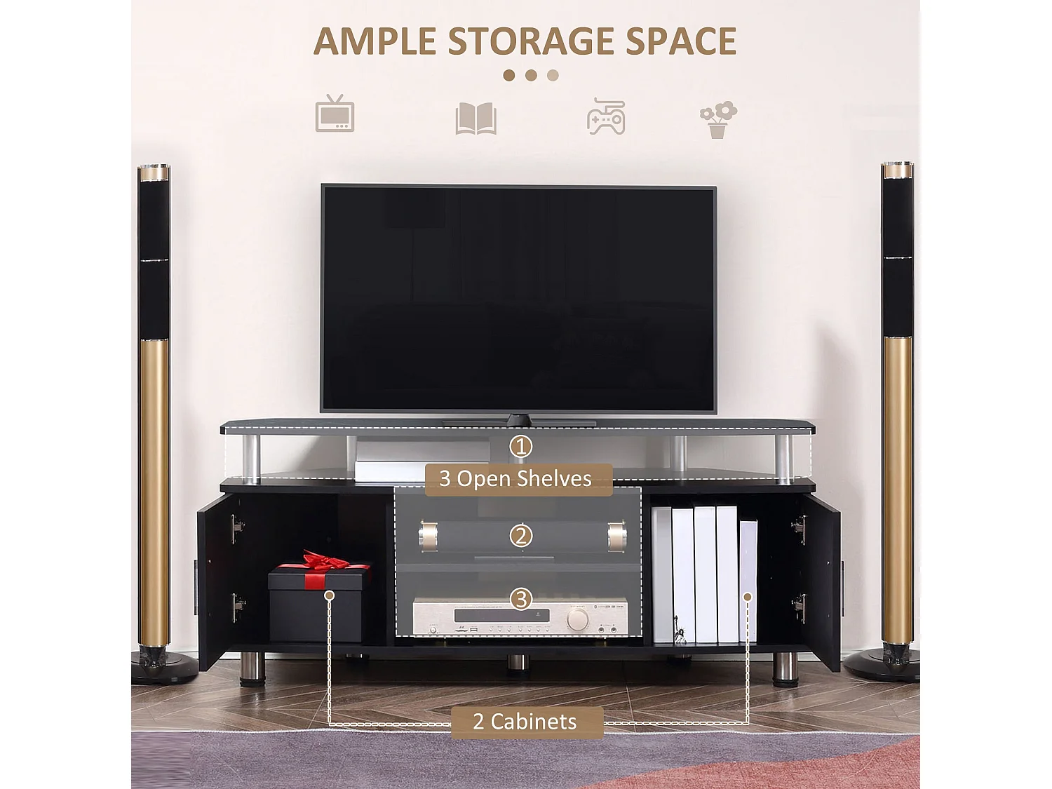 Zisaba Mika 120cm Black TV Unit for TVs up to 55 inches 2 Doors and Open Shelves