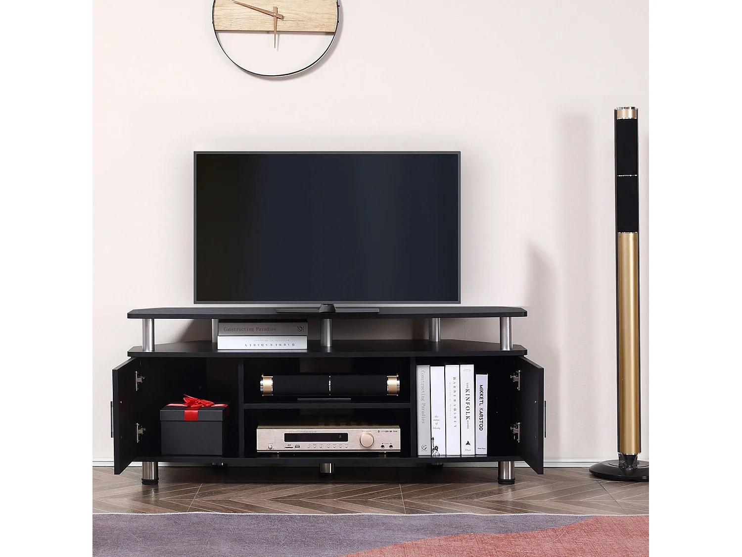 Zisaba Mika 120cm Black TV Unit for TVs up to 55 inches 2 Doors and Open Shelves