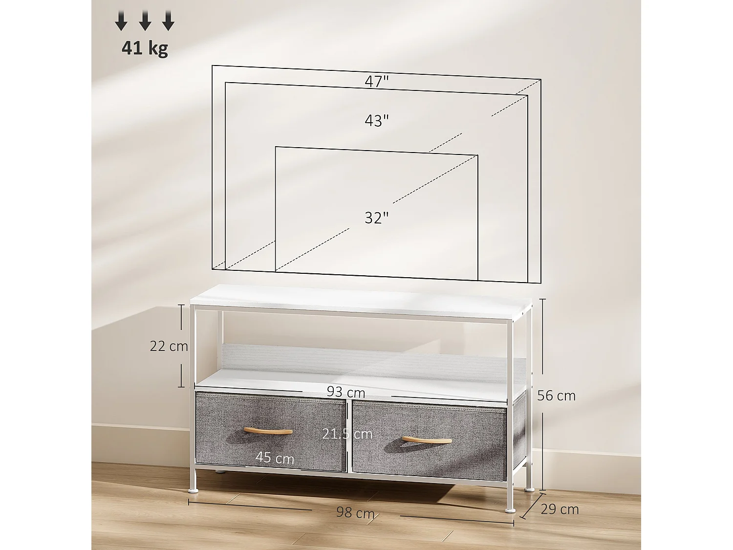 Avavale 98cm White and Light Grey TV Stand with 2 Foldable Fabric Drawers
