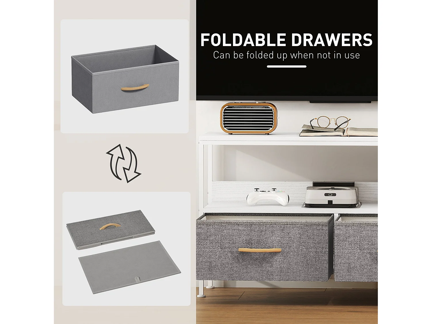 Avavale 98cm White and Light Grey TV Stand with 2 Foldable Fabric Drawers