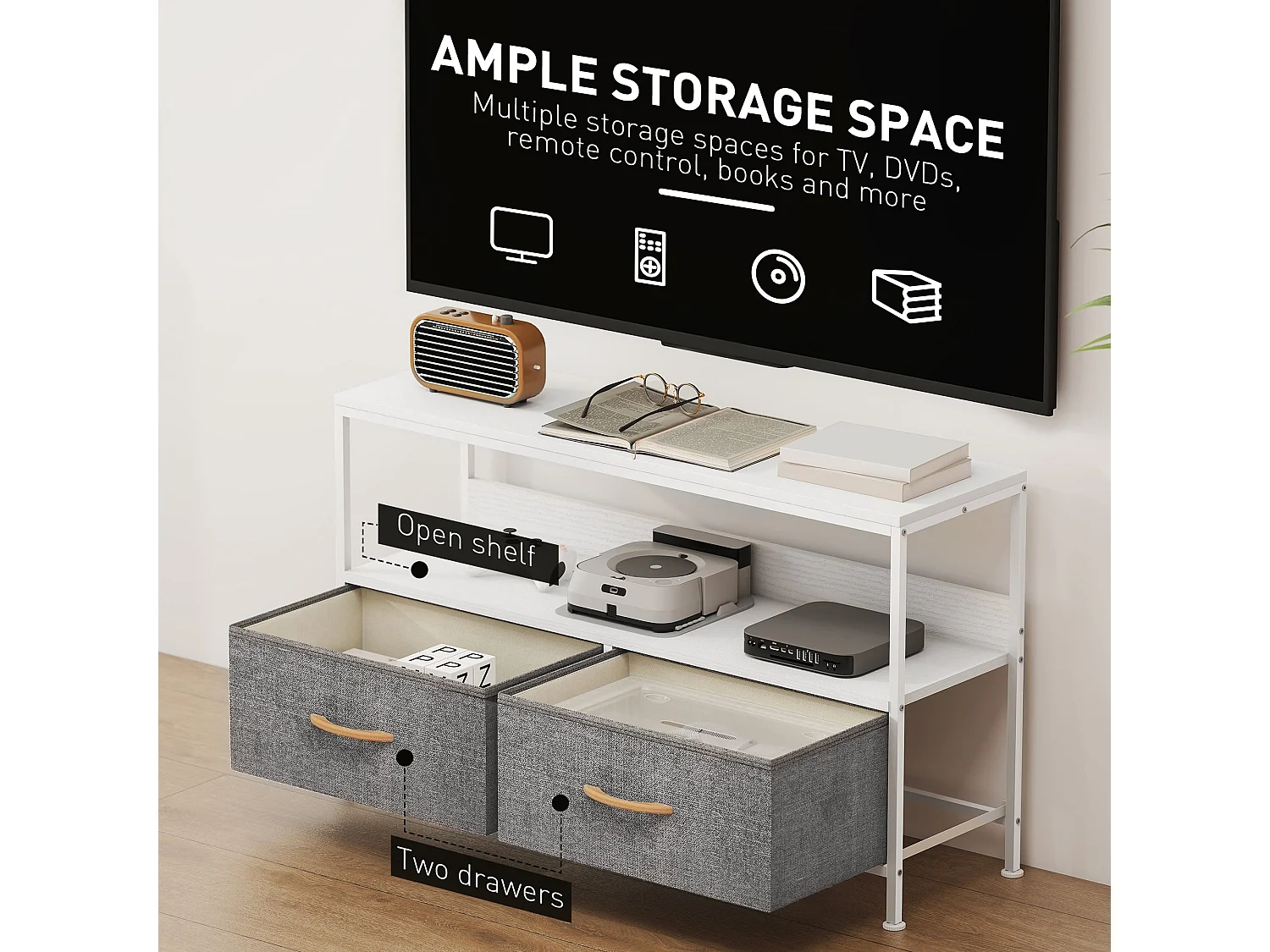 Avavale 98cm White and Light Grey TV Stand with 2 Foldable Fabric Drawers