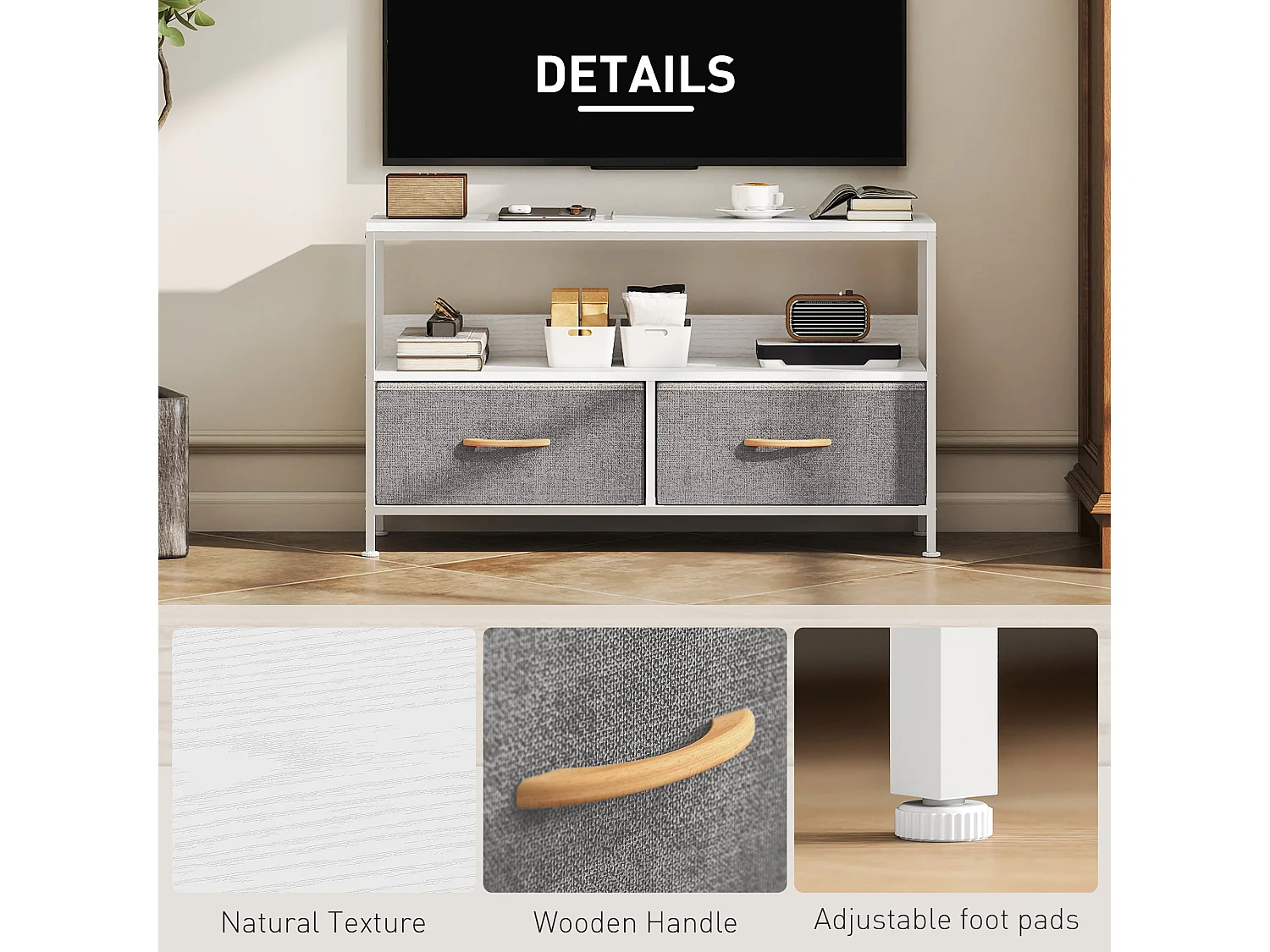 Avavale 98cm White and Light Grey TV Stand with 2 Foldable Fabric Drawers