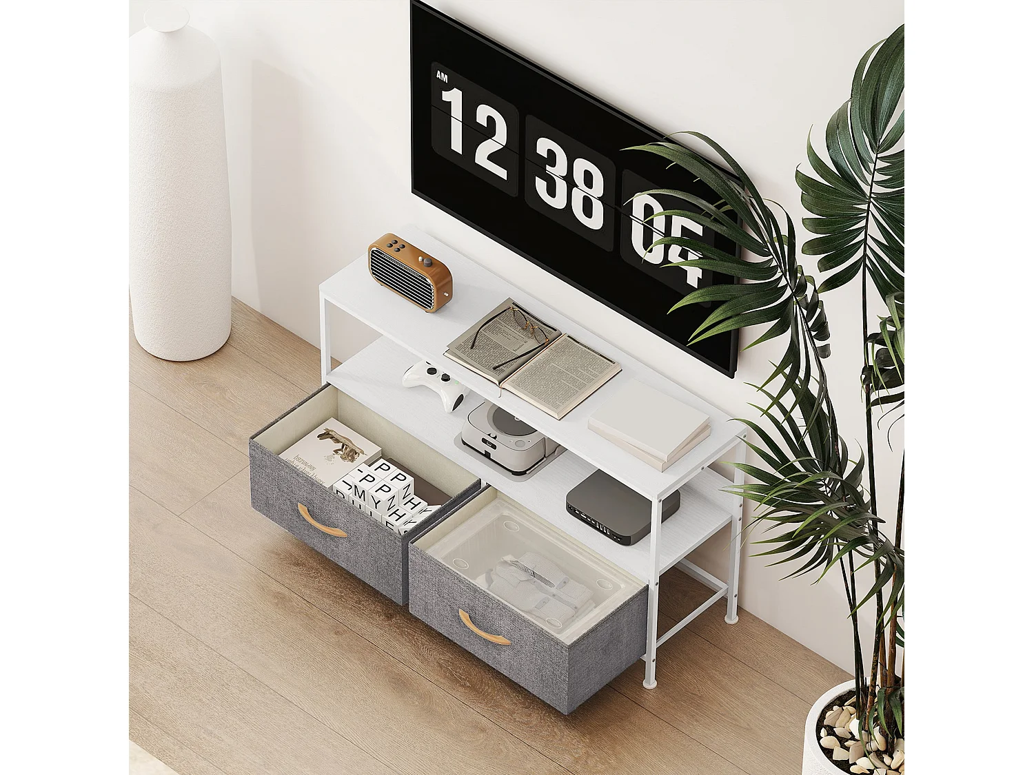 Avavale 98cm White and Light Grey TV Stand with 2 Foldable Fabric Drawers