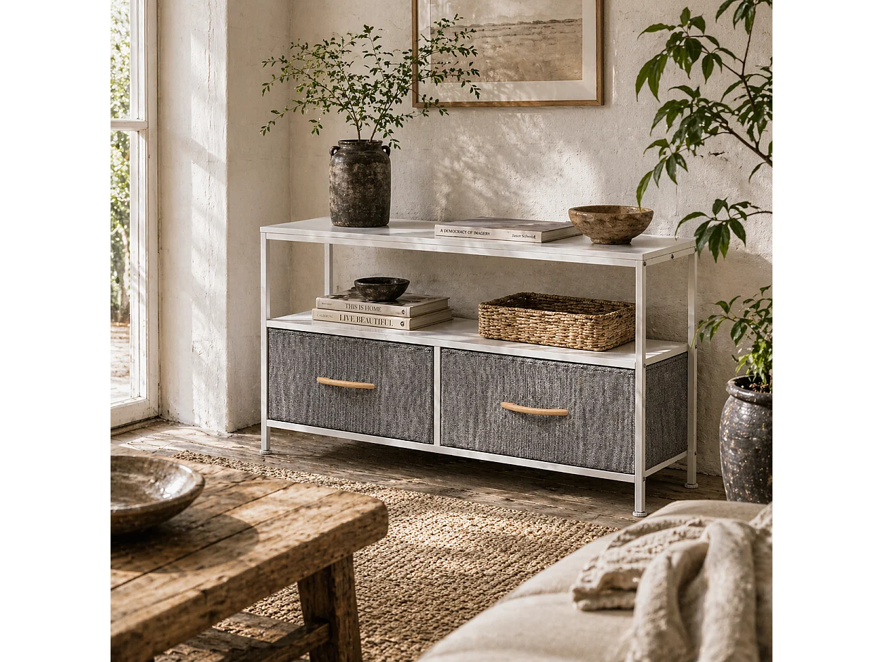 Avavale 98cm White and Light Grey TV Stand with 2 Foldable Fabric Drawers