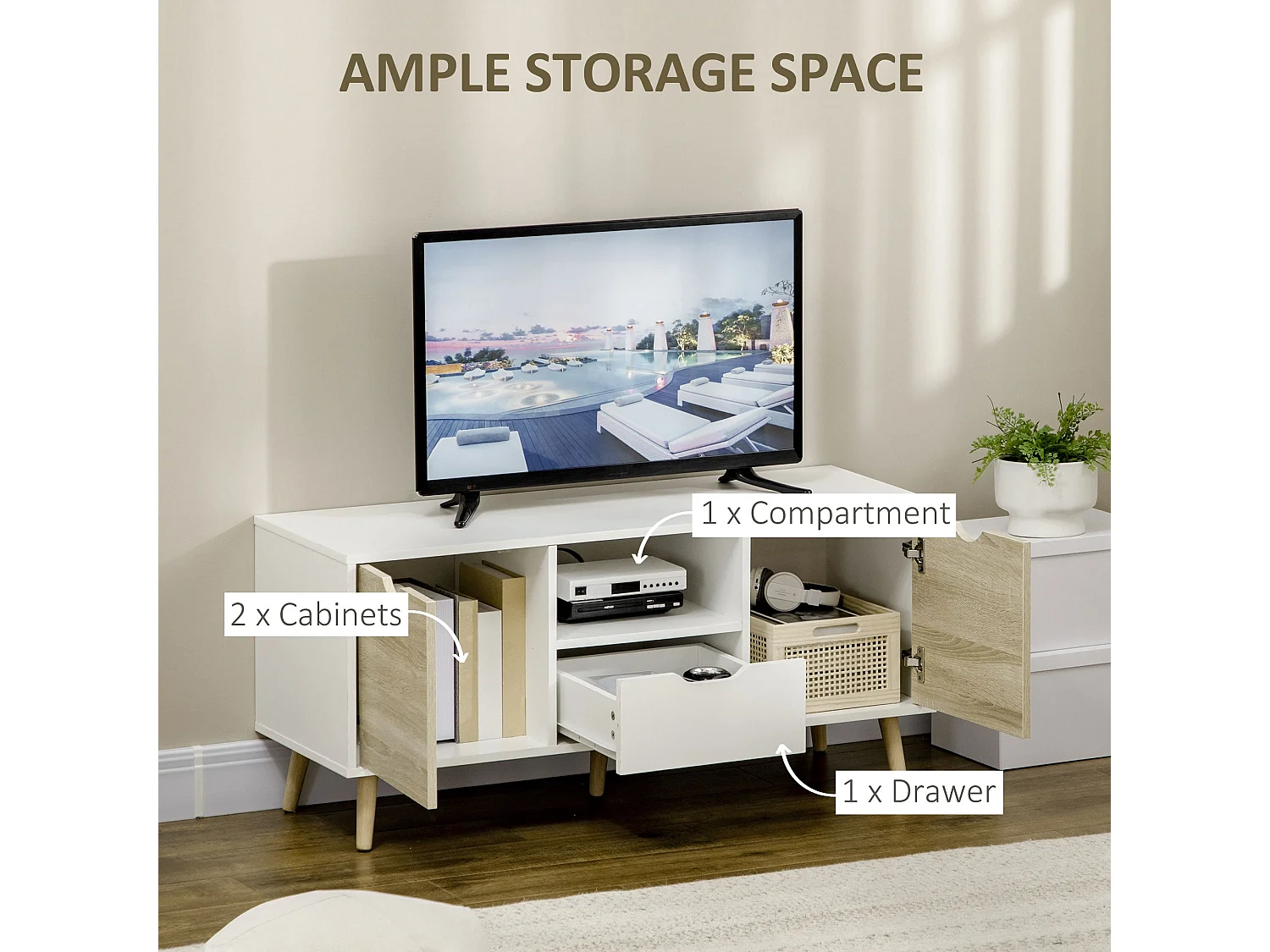 Reneba 110cm TV Console Natural Wood Effect and White Storage Drawers for TVs up to 50 Inches