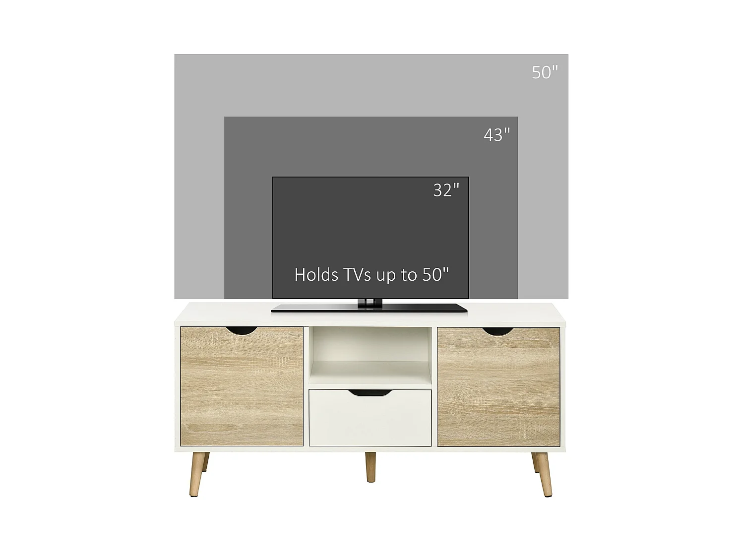 Reneba 110cm TV Console Natural Wood Effect and White Storage Drawers for TVs up to 50 Inches