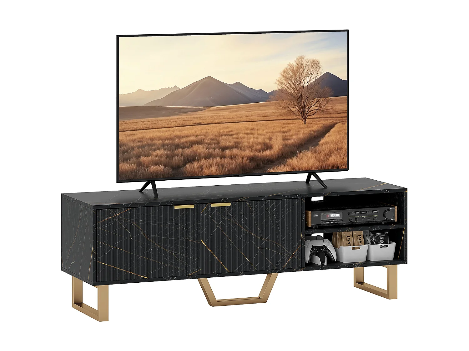 Baseva 140cm Black Marble Effect TV Unit with Fluted Doors and Gold Accents Fits Up to 70"