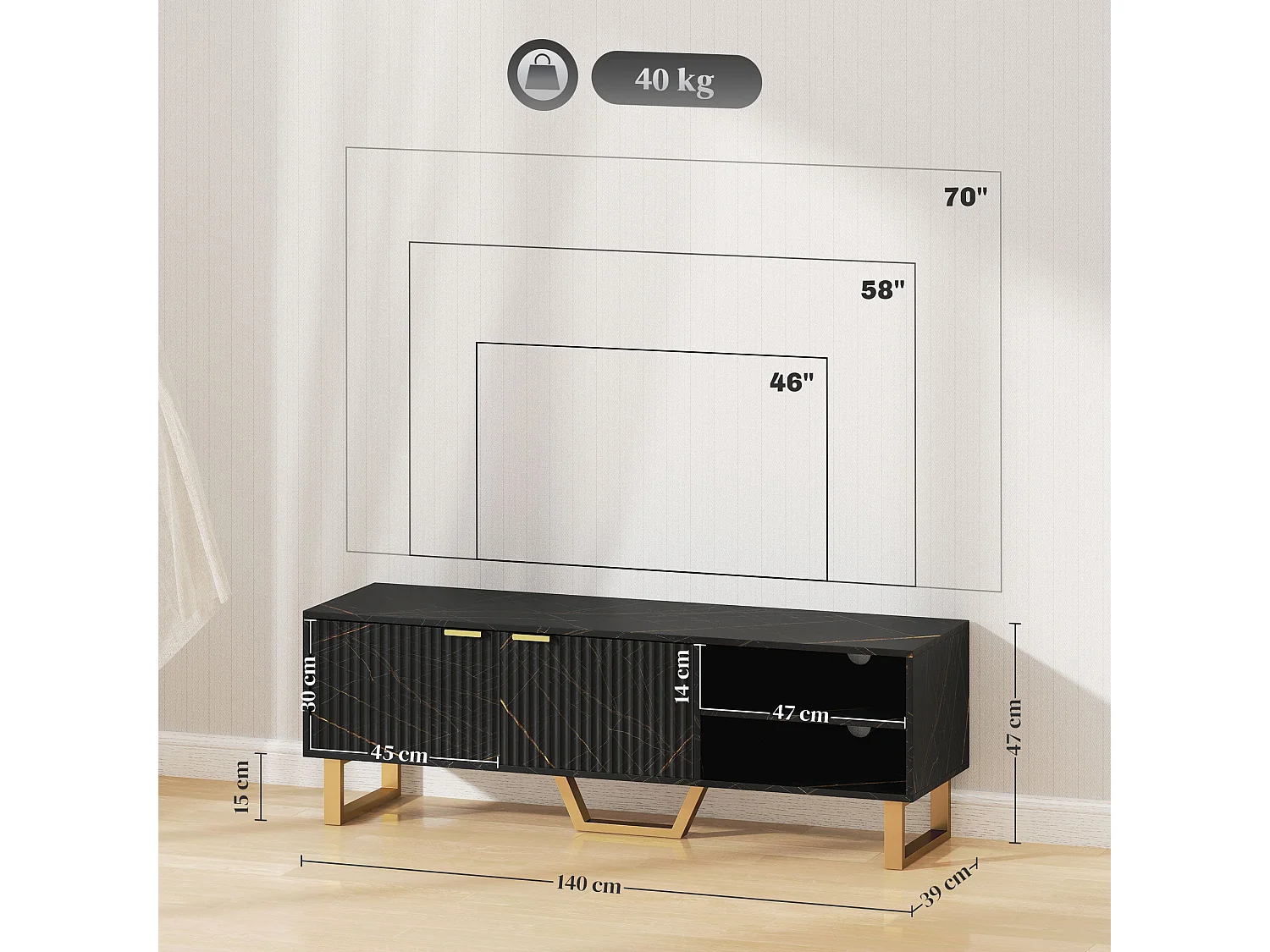 Baseva 140cm Black Marble Effect TV Unit with Fluted Doors and Gold Accents Fits Up to 70"