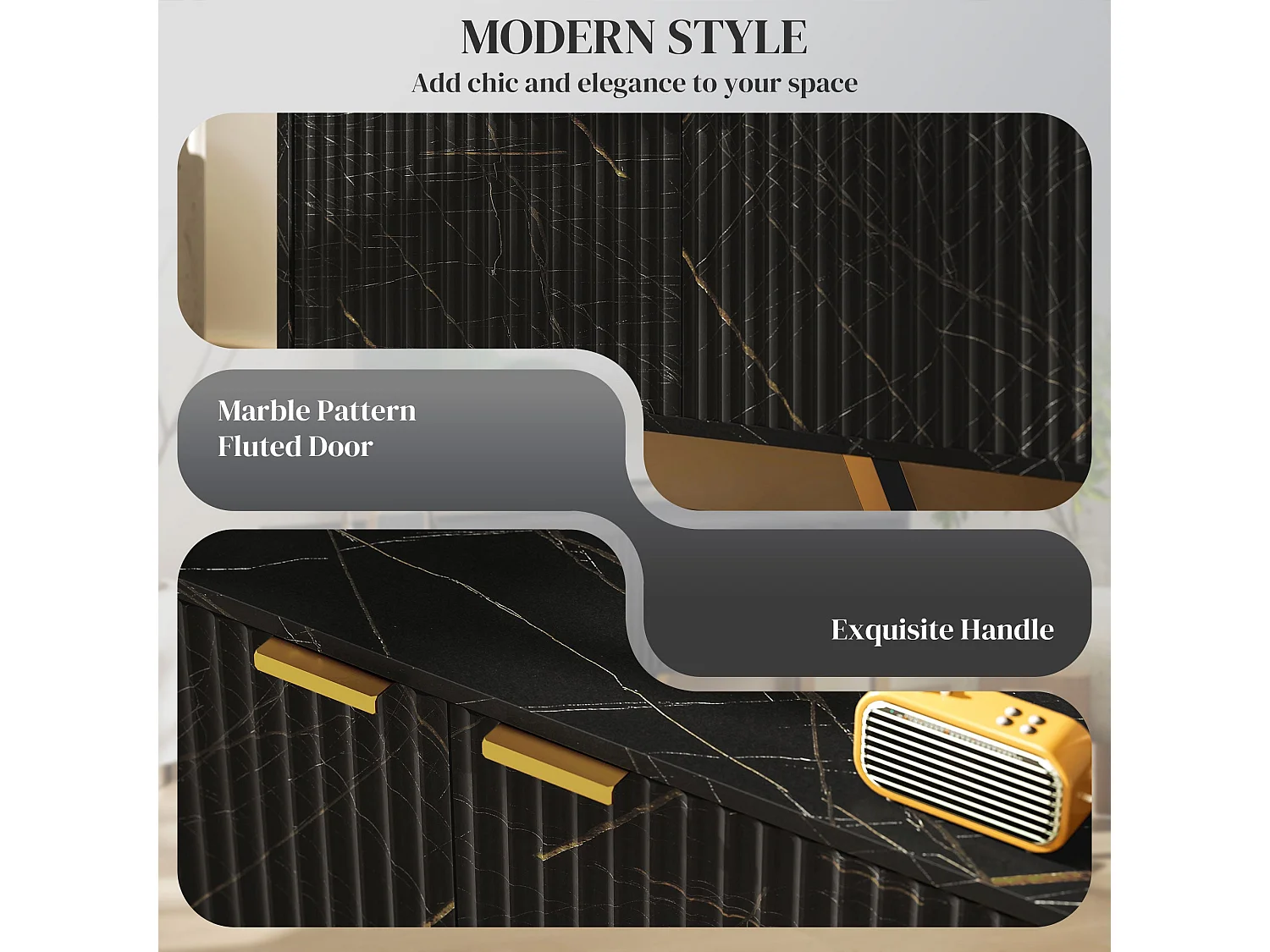 Baseva 140cm Black Marble Effect TV Unit with Fluted Doors and Gold Accents Fits Up to 70"