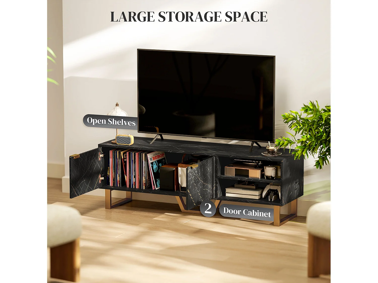 Baseva 140cm Black Marble Effect TV Unit with Fluted Doors and Gold Accents Fits Up to 70"