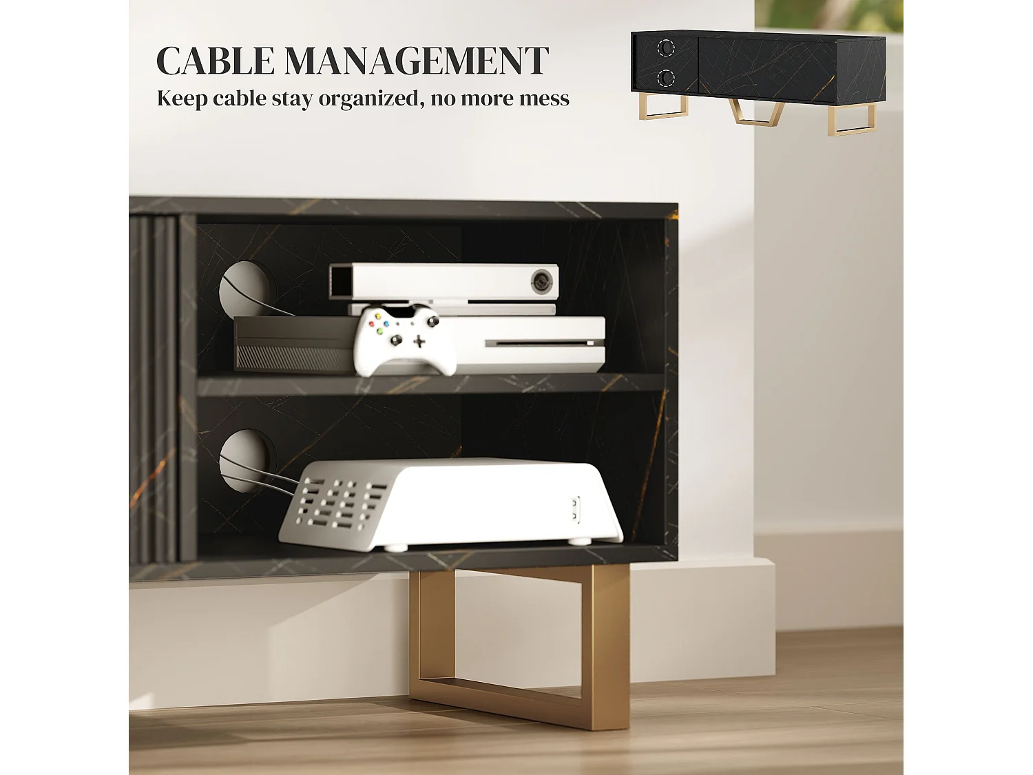 Baseva 140cm Black Marble Effect TV Unit with Fluted Doors and Gold Accents Fits Up to 70"