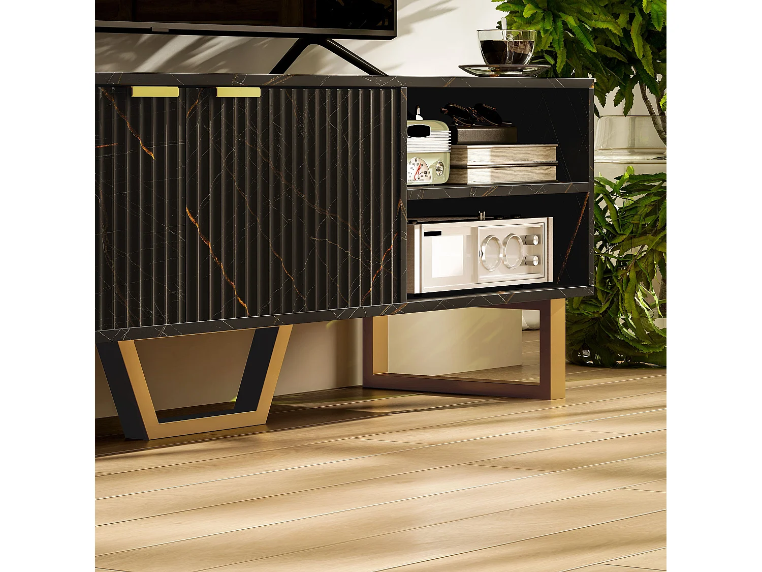 Baseva 140cm Black Marble Effect TV Unit with Fluted Doors and Gold Accents Fits Up to 70"