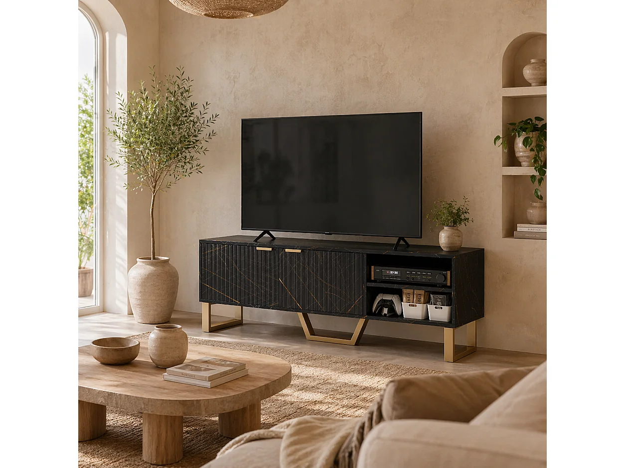Baseva 140cm Black Marble Effect TV Unit with Fluted Doors and Gold Accents Fits Up to 70"