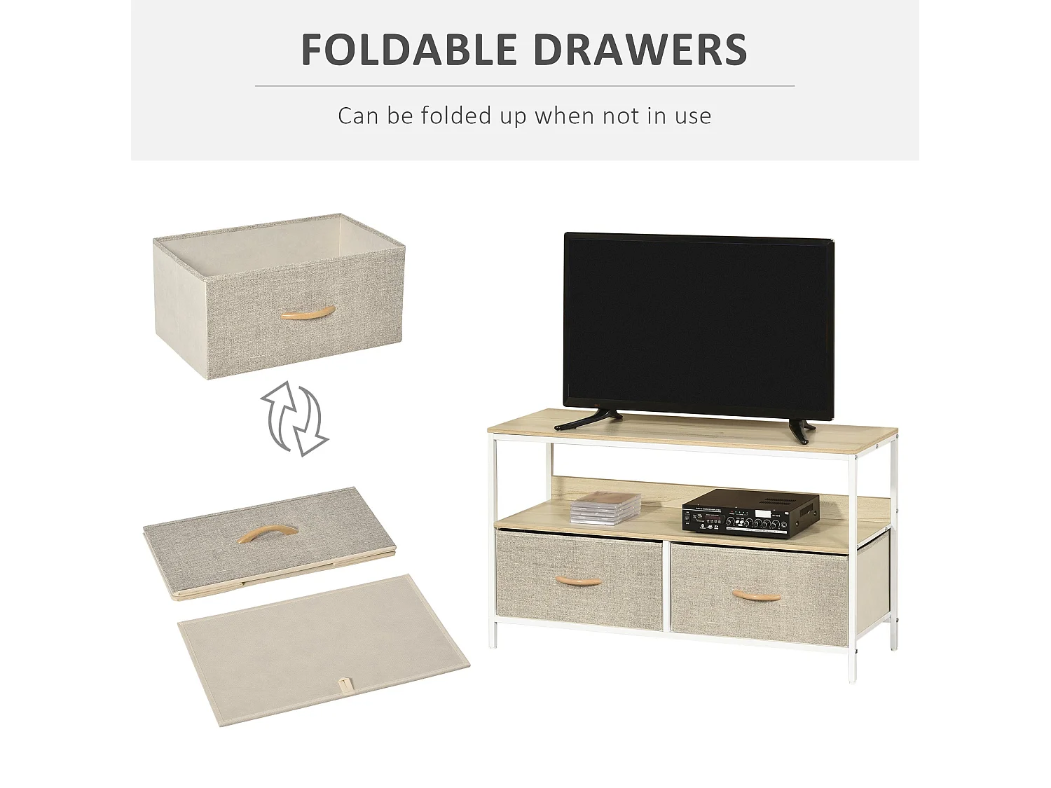 Elha 98cm TV Cabinet Maple and Light Grey 2 Fold Down Fabric Drawers