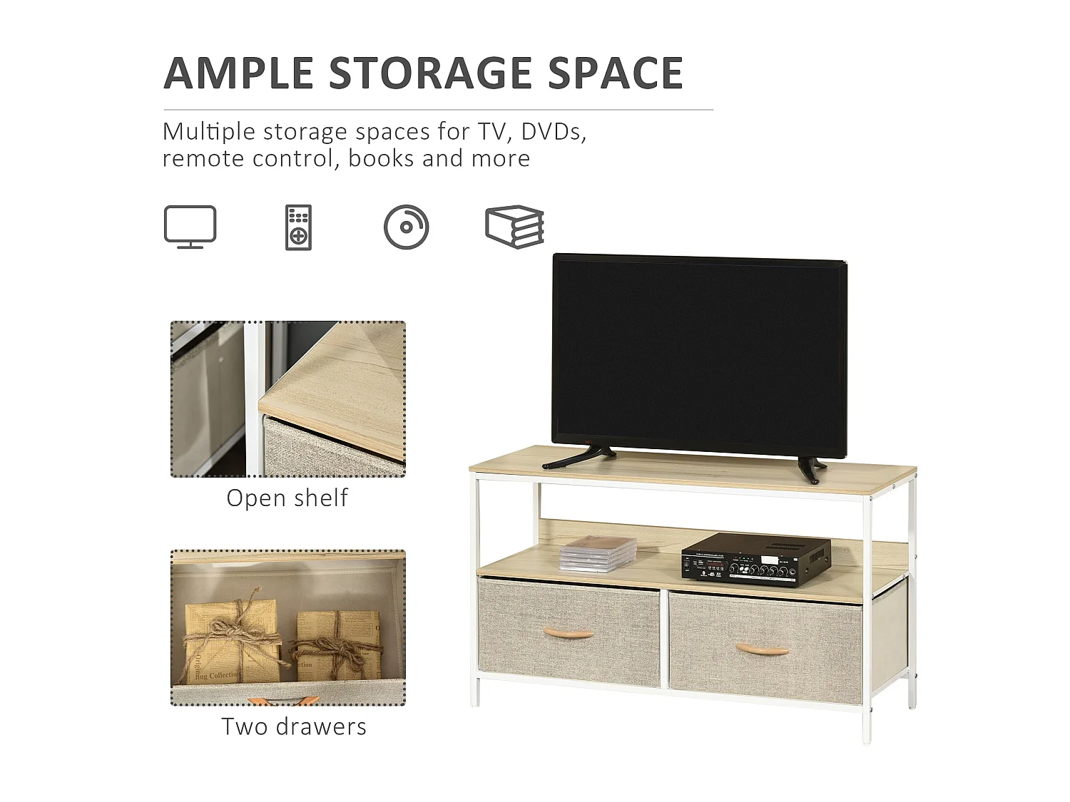 Elha 98cm TV Cabinet Maple and Light Grey 2 Fold Down Fabric Drawers