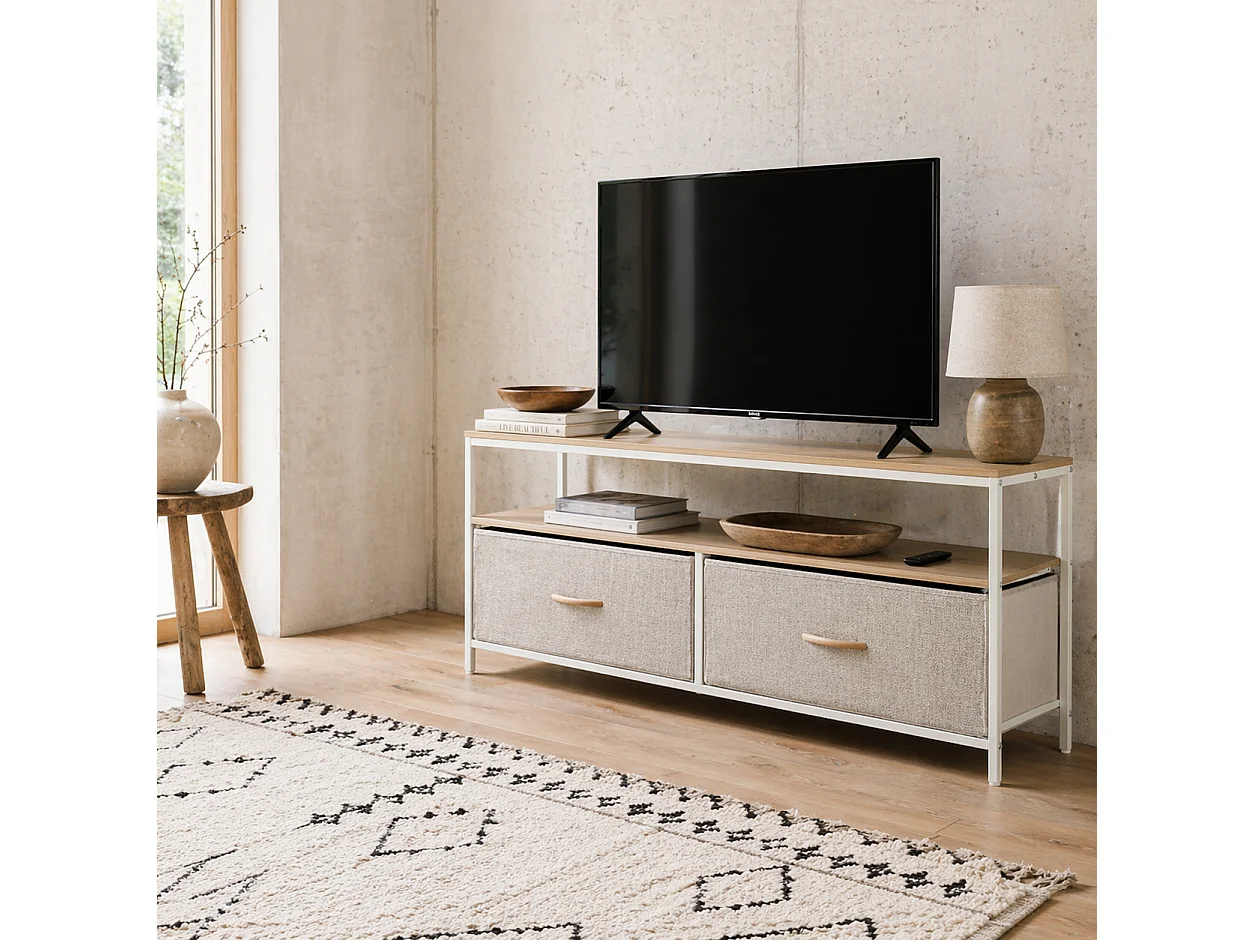 Elha 98cm TV Cabinet Maple and Light Grey 2 Fold Down Fabric Drawers