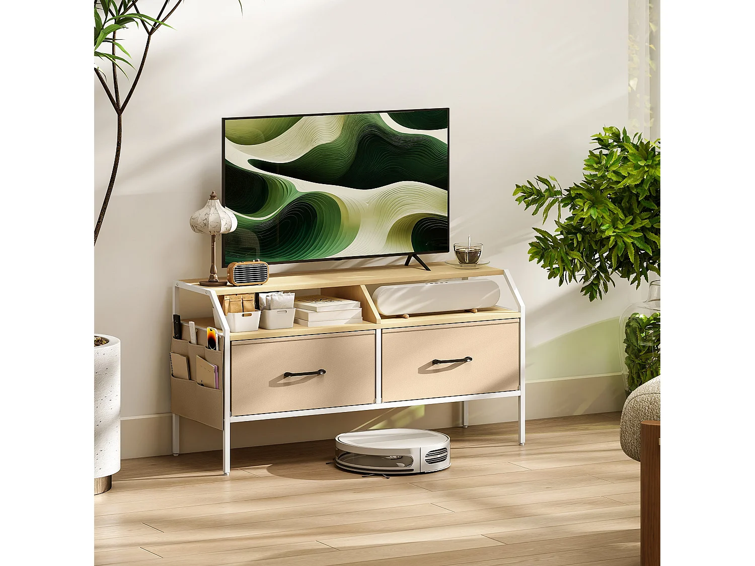 Avamira 98cm Natural and White TV Stand with Foldable Drawers Fits up to 55 inch TVs