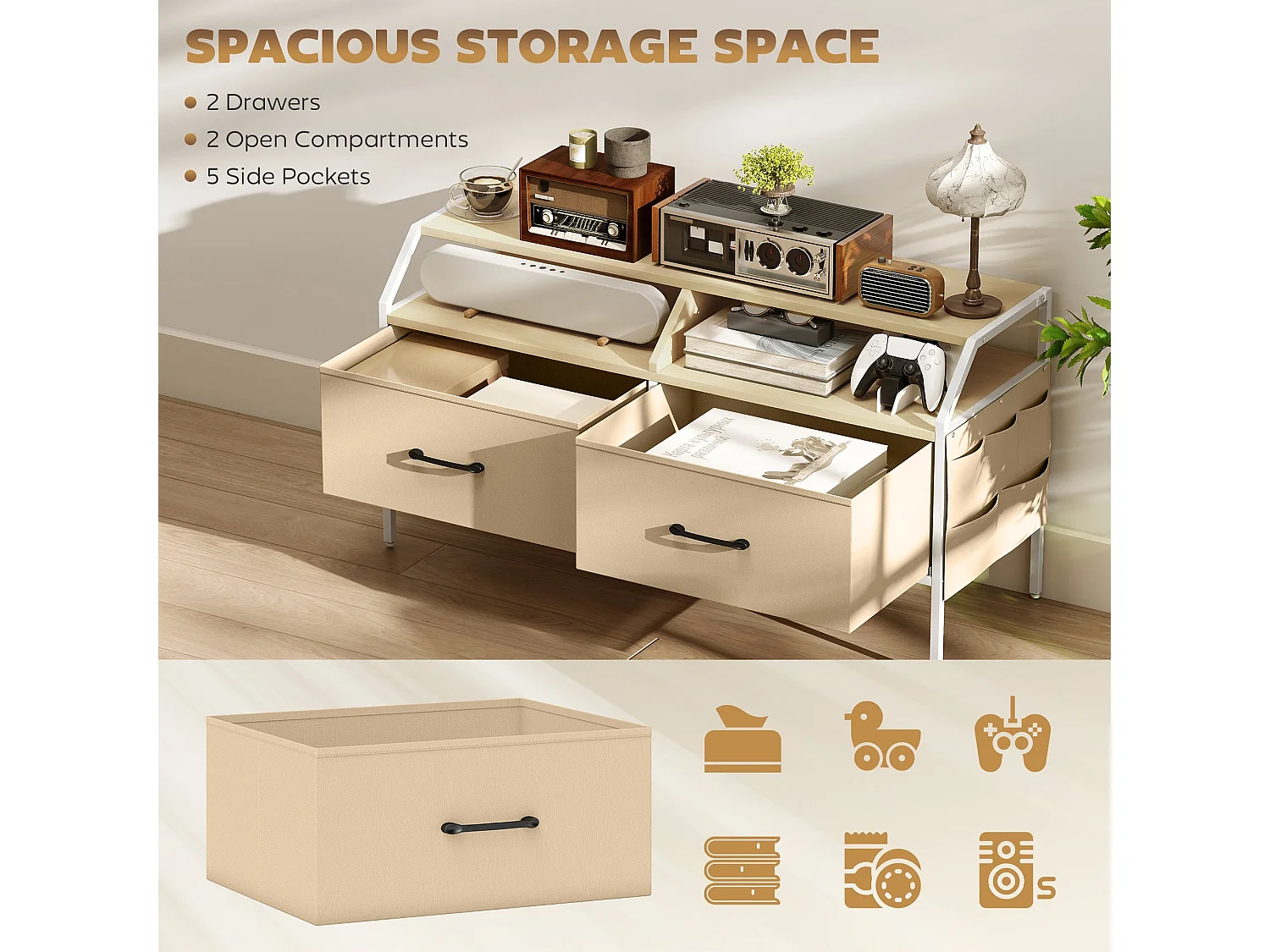 Avamira 98cm Natural and White TV Stand with Foldable Drawers Fits up to 55 inch TVs