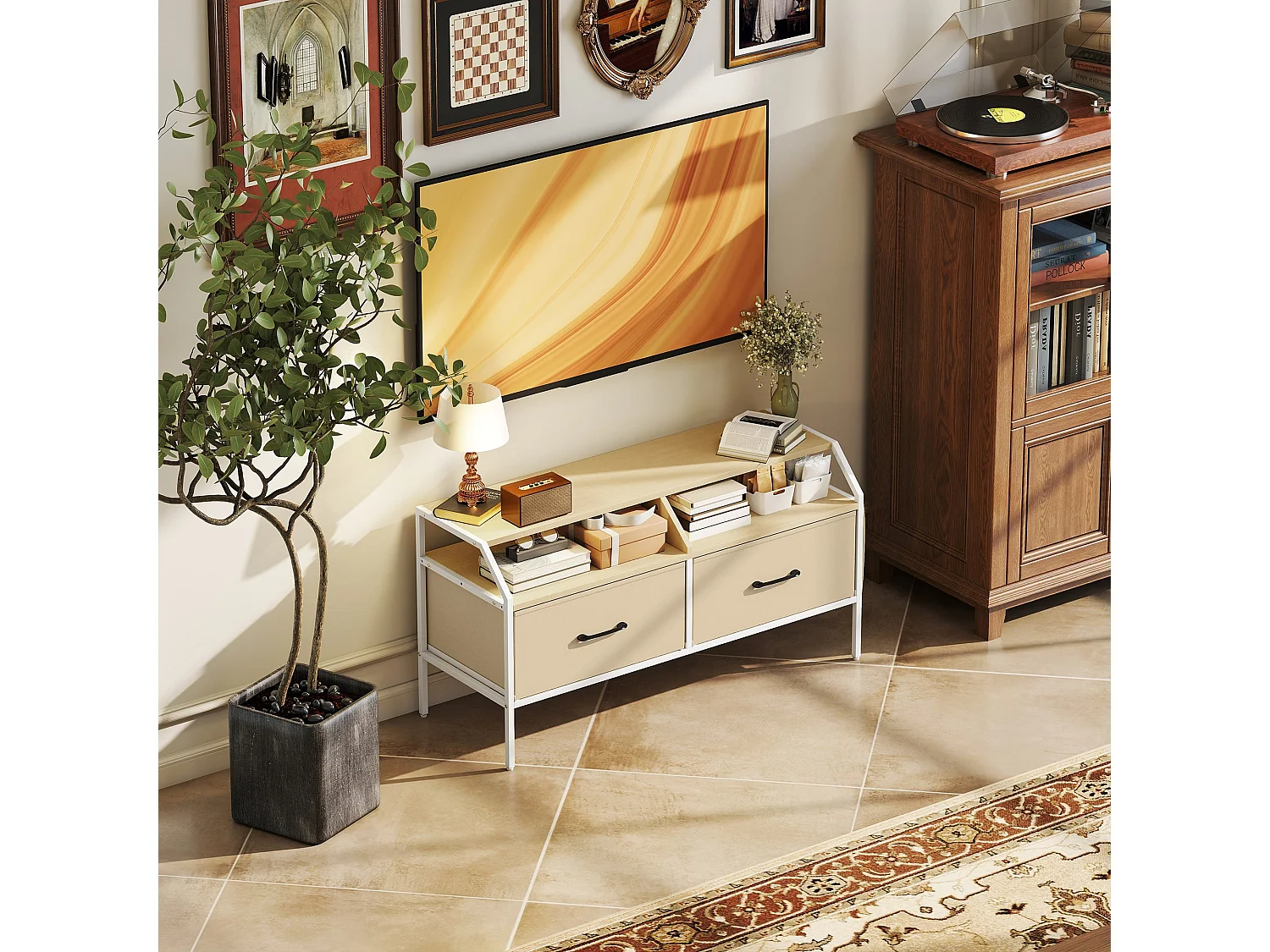 Avamira 98cm Natural and White TV Stand with Foldable Drawers Fits up to 55 inch TVs