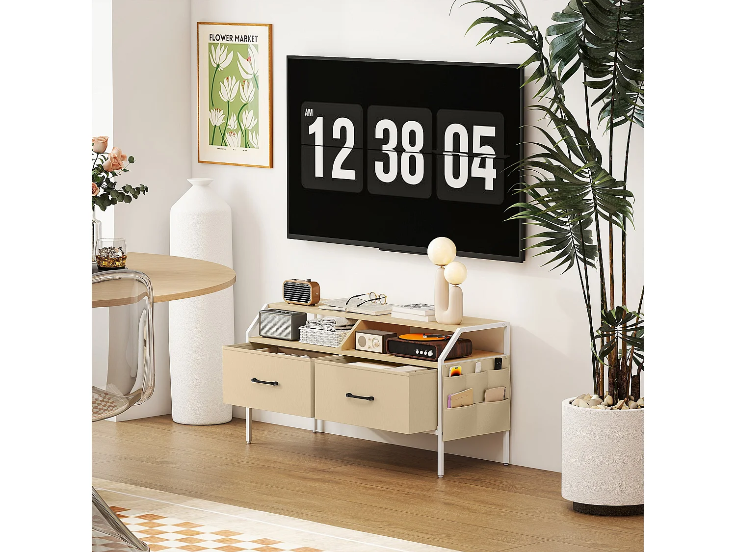 Avamira 98cm Natural and White TV Stand with Foldable Drawers Fits up to 55 inch TVs