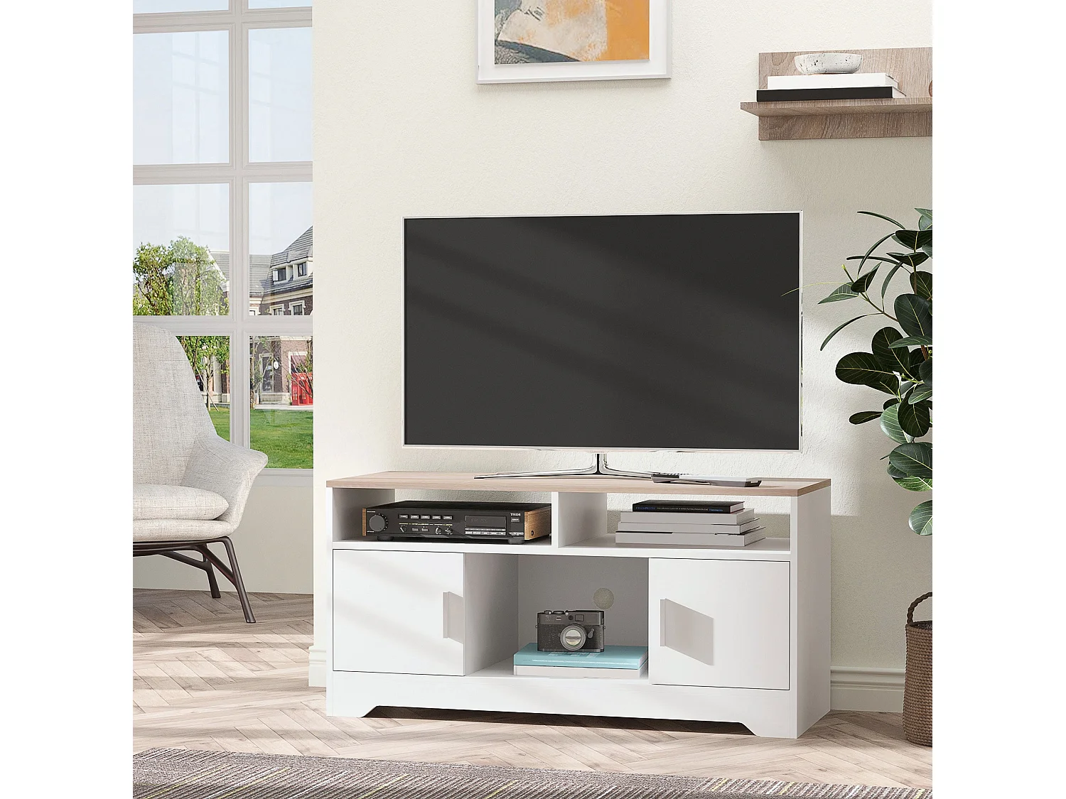 Tadori 105cm White and Wood TV Console 2 Doors with Open Shelves