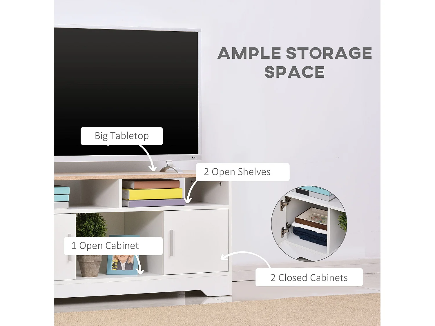 Tadori 105cm White and Wood TV Console 2 Doors with Open Shelves