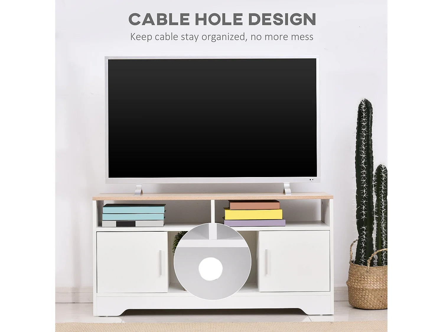 Tadori 105cm White and Wood TV Console 2 Doors with Open Shelves