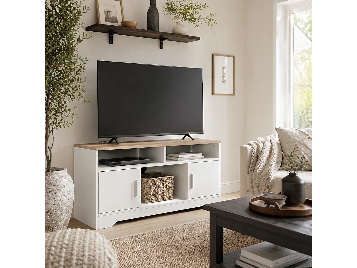 Tadori 105cm White and Wood TV Console 2 Doors with Open Shelves