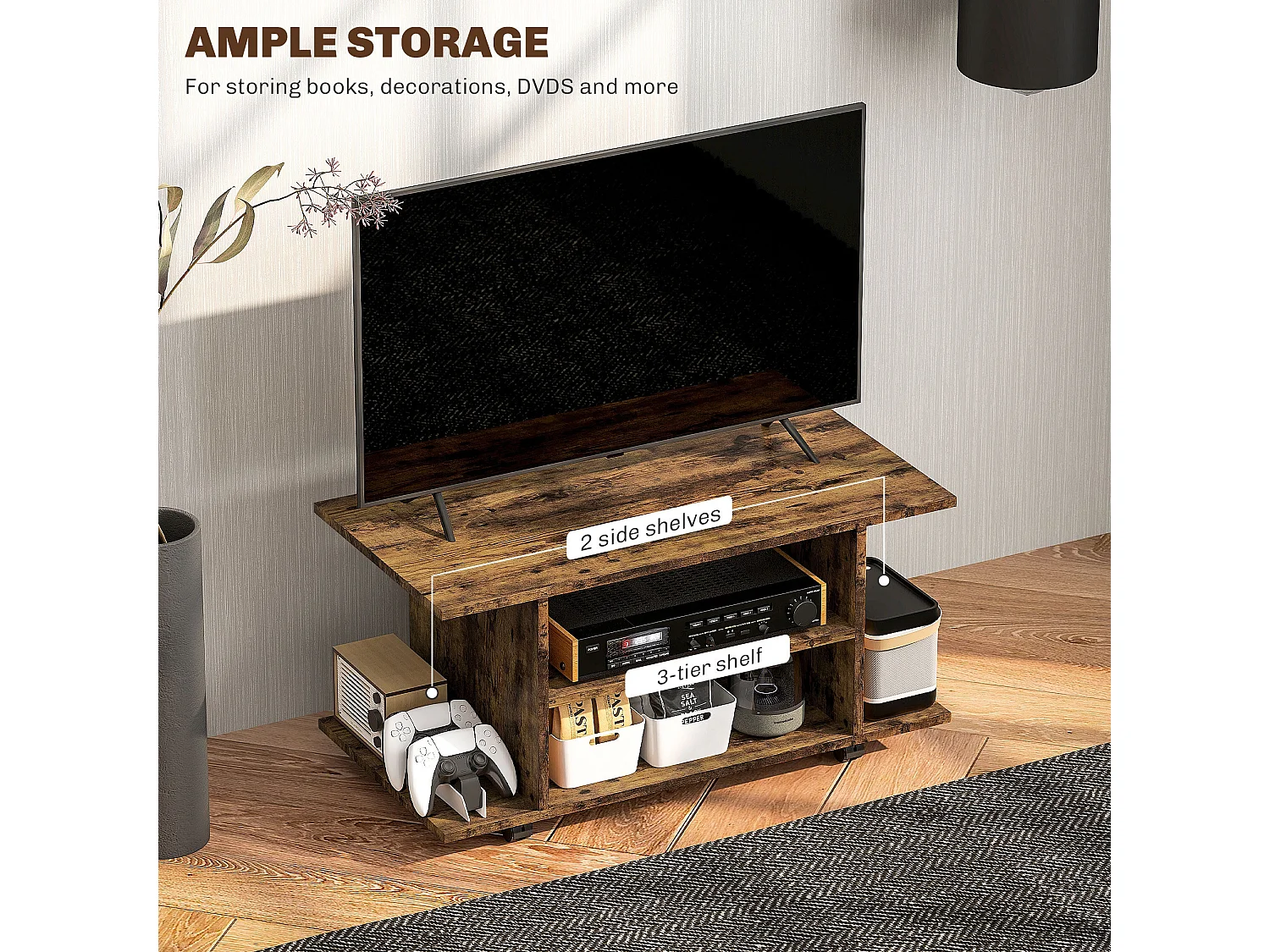 Rinael 80cm Rustic Brown Mobile TV Storage Unit with Shelves