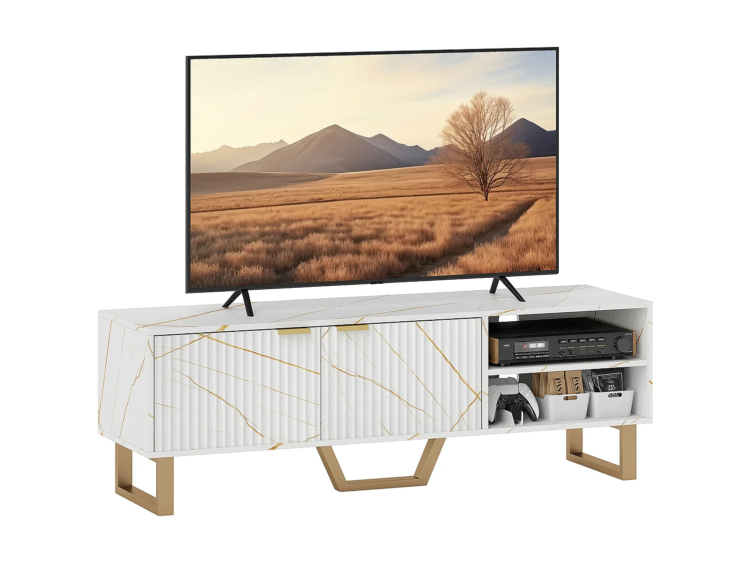 Veriri 140cm White Marble Effect TV Unit with Fluted Doors and Gold Accents for TVs up to 70 inches