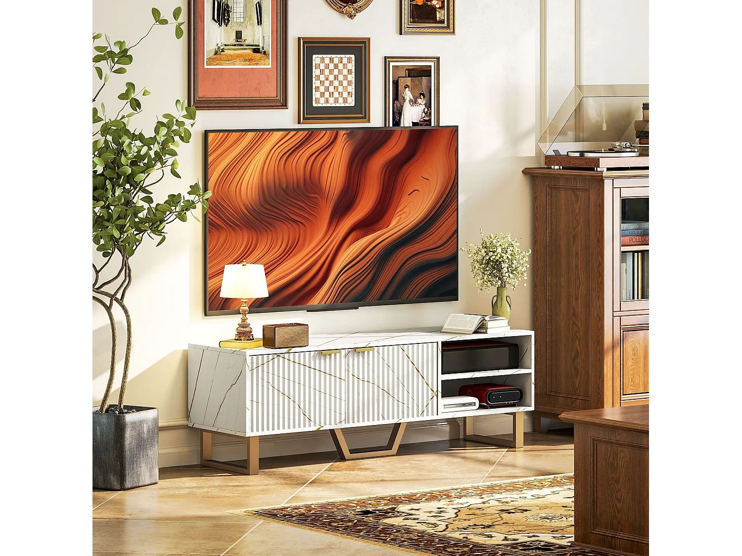 Veriri 140cm White Marble Effect TV Unit with Fluted Doors and Gold Accents for TVs up to 70 inches