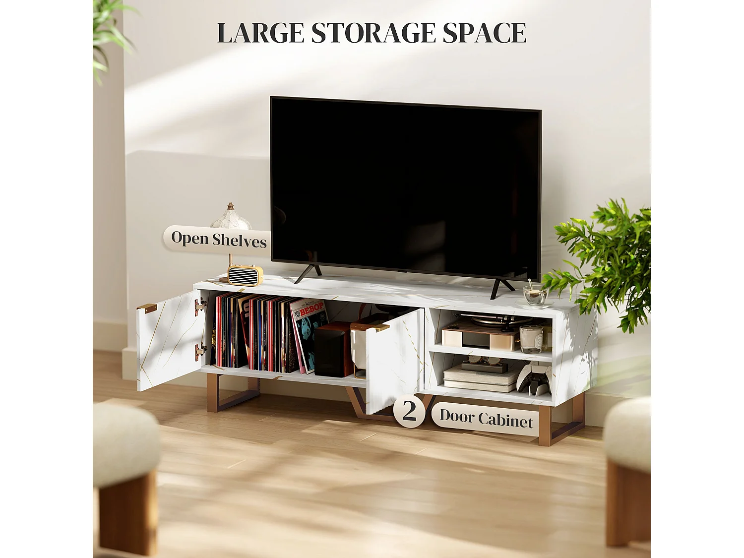 Veriri 140cm White Marble Effect TV Unit with Fluted Doors and Gold Accents for TVs up to 70 inches