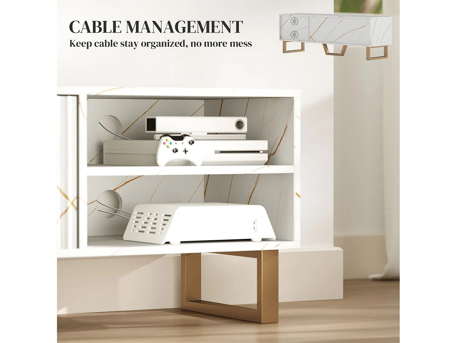 Veriri 140cm White Marble Effect TV Unit with Fluted Doors and Gold Accents for TVs up to 70 inches