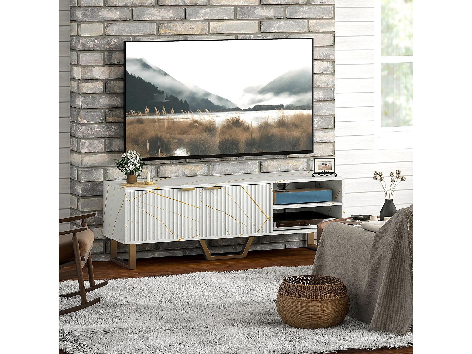 Veriri 140cm White Marble Effect TV Unit with Fluted Doors and Gold Accents for TVs up to 70 inches