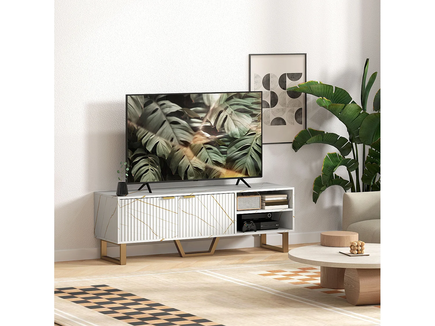 Veriri 140cm White Marble Effect TV Unit with Fluted Doors and Gold Accents for TVs up to 70 inches